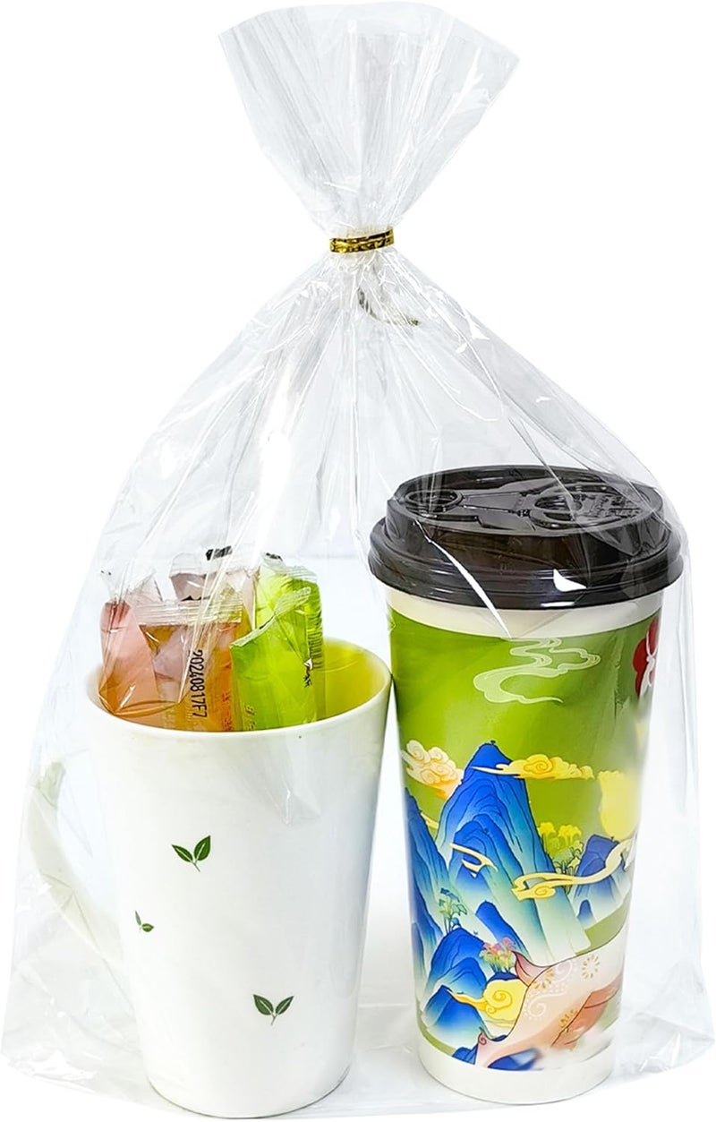 QOIUSO 50 Pcs 10x14 Inch Clear Cellophane Gift Bags with Bottom Gusset and Twist Ties – Large Flat Bottom Cellophane Treat Bags for Candy, Cookies, Bakery Goods, Valentines and Easter Party Favors - Image 1